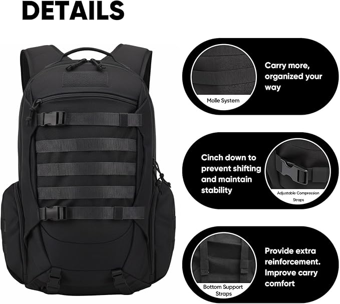 35L Tactical Backpack for Men MOLLE Military Bug Out Bag Waterproof Rucksack for Hiking with Hydration Port Black
