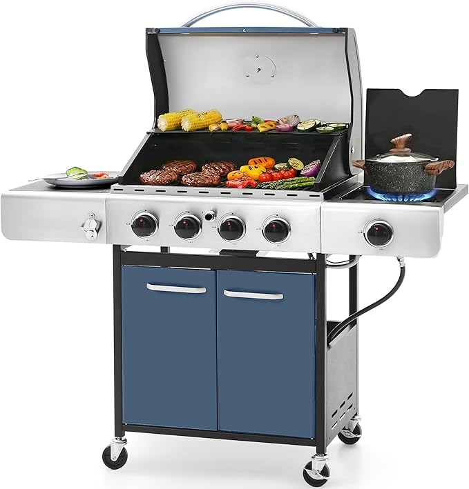 Sophia &amp William 4-Burner Gas BBQ Grill with Side Burner and Porcelain-Enameled Cast Iron Grates 42000BTU Propane Grills Outdoor Cooking Barbecue Cabinet Style Blue