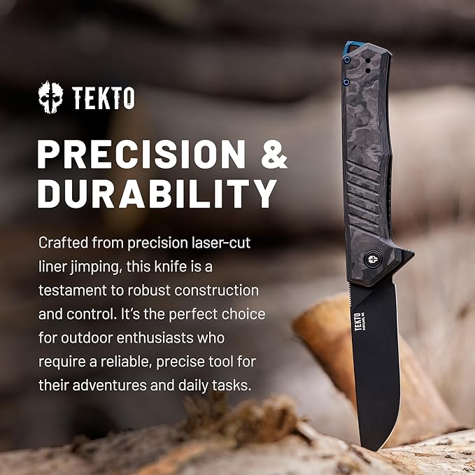 TEKTO KNIVES F1 Alpha Folding Pocket Knife - Modified Straight Back Blade Titanium Coated D2 Steel Ideal for Outdoor Camping &amp BackpackingTactical Forged Carbon Fiber Handle Blue Titanium Acce