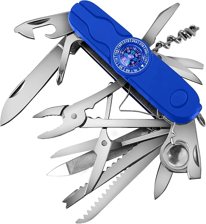 Swiss Eagle 30-in-1 Classic Pocket House Hold &amp Campaign Tool Premium Multi Tool Pocket Tool with Compass Scissor Screwdriver Plier Magnifying Glass Tweezer for Christmas Gifts - Blue