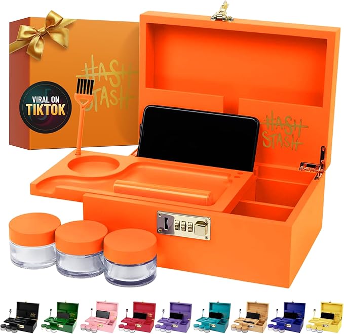 HASHSTASH The OG Storage Box - Large Bamboo Box with Combination Lock Magnetic Lid Organizer Tray Airtight Tube and 3 Jars - Discreet Decorative Locking Wooden Box with Accessories (Neon Orange)