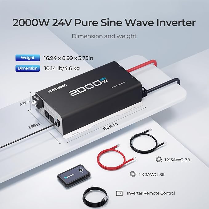 Renogy Inverter 24V 2000W Pure Sine Wave Inverter 4000W Peak Power Solar Car Power Inverter 24V DC to 120V AC for Truck Home Marine Camping RV 2 AC Outputs 16.4FT Remote Control