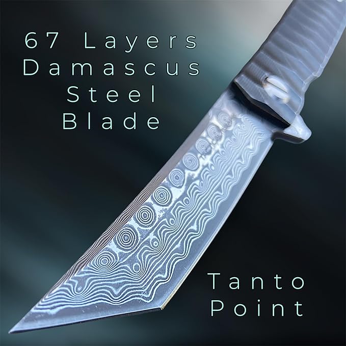 TACTICAL GEARZ Damascus Pocket Folding Knife Solid Tc4 Titanium Handle 67 Multi-Layered Damascus VG10 Steel Tanto Blade (Saint DXT)