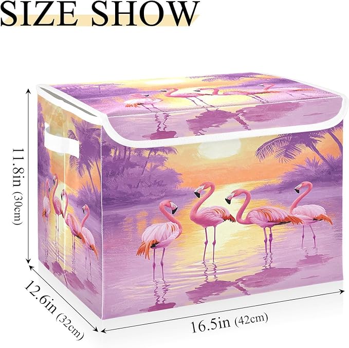 MNSRUU Containers Baskets with Lids Four Flamingos Fabric Foldable Storage Bins Organizer with Lid Collapsible Storage Boxes for Home Bedroom Closet Office