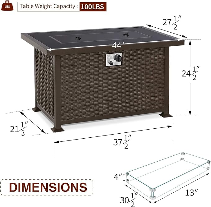 U-MAX 44in Outdoor Propane Gas Fire Pit Table 50000 BTU Auto-Ignition Gas Firepit with Glass Wind Guard Black Tempered Glass Tabletop &amp Blue Glass Rock Brown PE Rattan CSA Certification