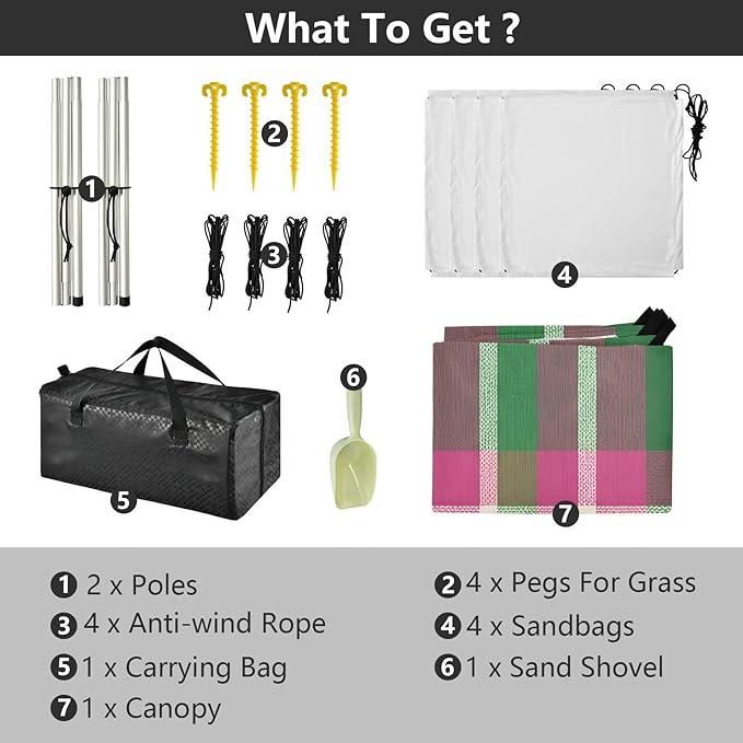 xigua Plaid Beach Tent Sun Shelter with Carrying Bag - Silver Coated Oxford Fabric Beach Canopy for Beach Camping Fishing - Includes Windproof Ropes Sandbags &amp Stakes