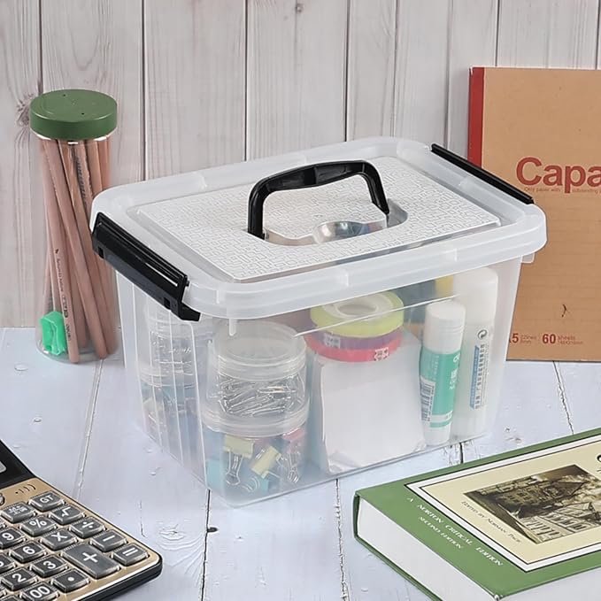 4 Packs Plastic Stackable Storage Container Bin with Lid and Latch Plastic Latching Box with Handle 5 L