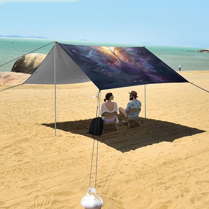 ALAZA Magical Butterfly Nebula Galaxy Beach Tent Sun Shelter UPF50+ Protection Beach Shade Canopy w/ 4 Sandbags for Outdoor Camping Fishing Backyard Fun Picnic 10x9 ft