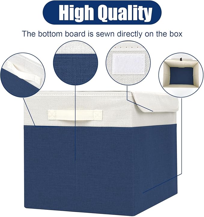 Bagnizer Large 42 Quarts Fabric Storage Bins with Lids [2-Pack] Linen Collapsible Foldable Baskets Closet Organizer Containers boxes with Handles for Home Office (16.7 x 12 x 12 Navy Blue &amp Whit