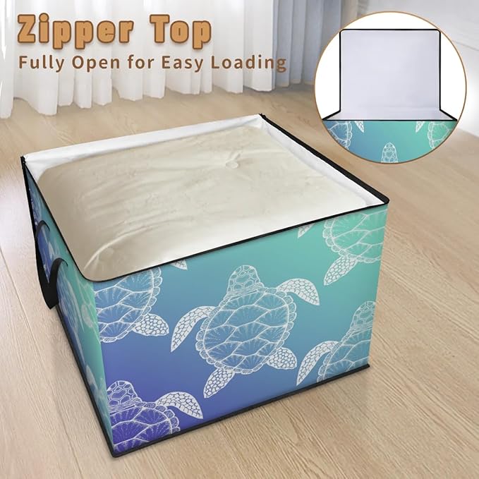 Large Sea Turtles Storage Bags with Lid XL Blanket Clothes Storage Bins Foldable Organizers Storage Containers with Handle for Comforters Bed Sheets Pillows Sea Animal Turtle