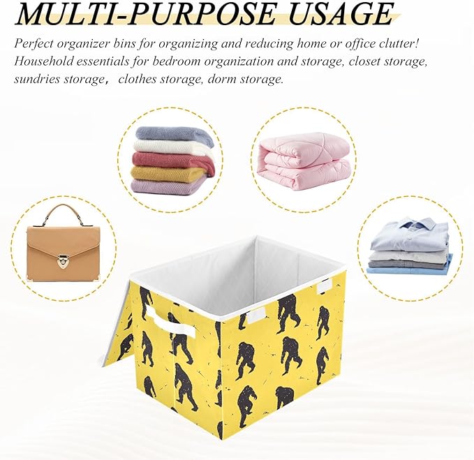 Sasquatch Silhouettes Yellow Storage Cube Bins Basket with Lid Collapsible Flip-top Fabric with Handle for Home Bedroom Closet Office 16.5×12.6×11.8 in