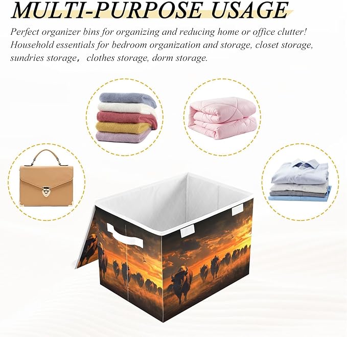 AIXIWAWA Lidded Storage Cube (Herd Of Bison) Fabric Foldable Closet Bins with Flip Lid and Handles Organizer Basket Container 16.5 x 12.6 x 11.8 IN