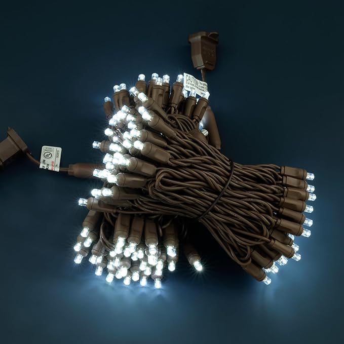 Cool White Wide Angle One-Piece LED Christmas Lights 48 Feet 140 Count Pack of 2 Strands 70ct 5mm High Waterproof UL Certified Brown Cord String Lights