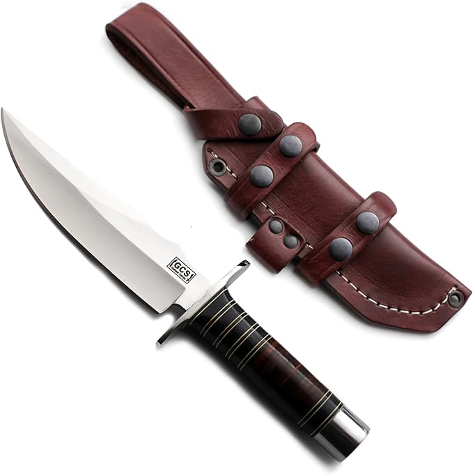 GCS Custom Handmade Stacked Leather Handle D2 Tool Steel Blade Full Tang Bowie Knive with Leather Sheath for Hunting Bushcrafting Camping Survival and EDC-GDK-024