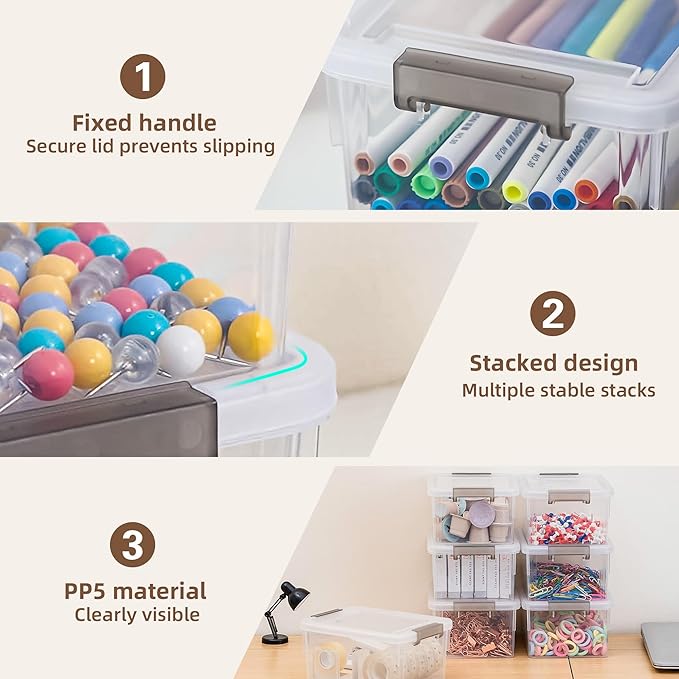 Anywish 8 Packs Small Storage Bins 1.3 QT Plastic Storage Container Stackable Box with Lids for Organizing Clear White