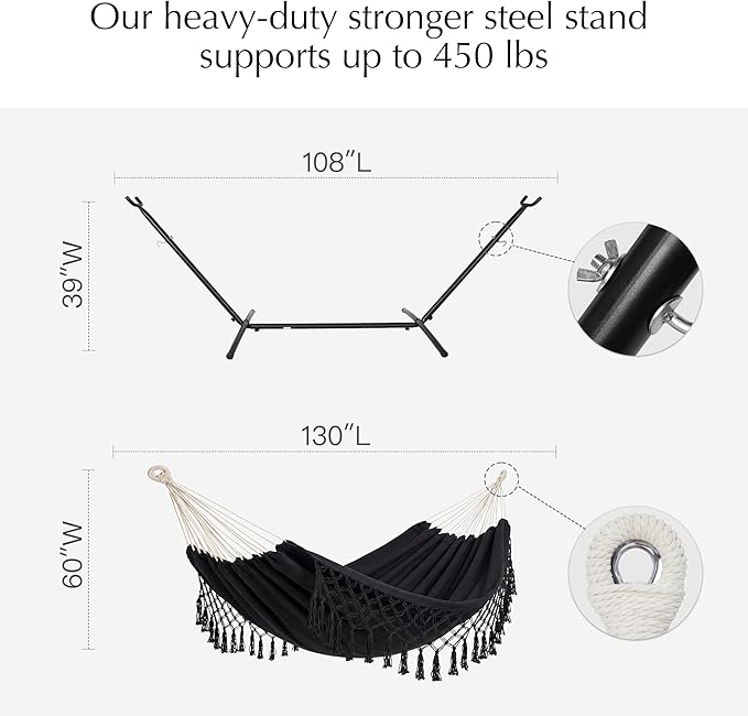 PNAEUT Handmade Tassel Hammocks Double Hammock with Stand for Outside Indoor Outdoor Max 450 lbs Capacity Pillow &amp Storage Bag Included (Black)