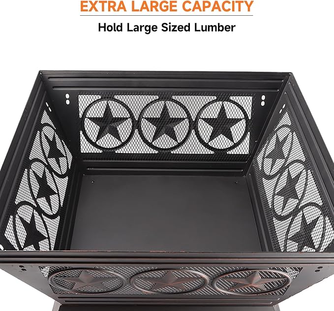 33-Inch Square Fire Pit Large Metal Fireplace/Firepit with Mesh Lid Poker Waterproof Cover
