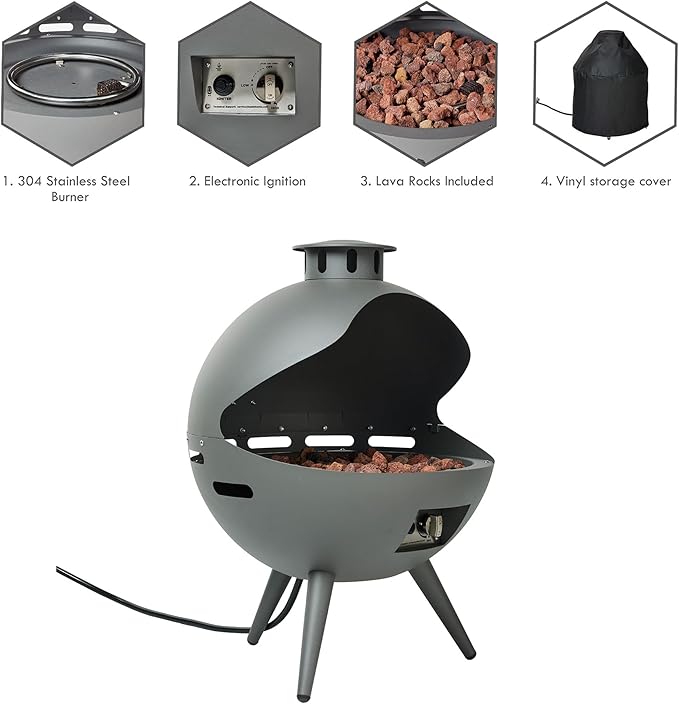 24-Inch Chimenea Outdoor Gas Fireplace 55000 BTU Propane Fire Pit with Lava Rocks and Rain Cover Hemispherical 3-Legged Firepit Gray