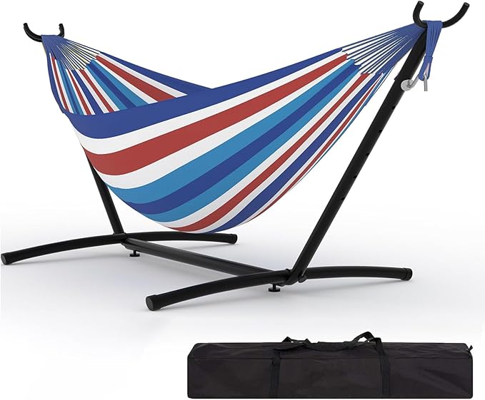 Double Hammock with Stand Hammock Wih Space Saving Steel Stand and Carrying Case 2 Person 450 Lb Capacity for Indoor Outdoor Patio Yard