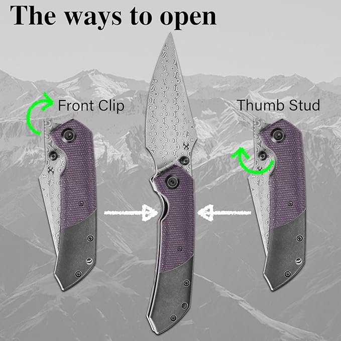 KANSEPT Fenrir Pocket Knife 3.48 Damascus Harpoon Blade Blackwash Titanium Handle Purple Micarta Inlay Thumb Stud &amp Liner Lock with Deep Clip EDC Knives for Camping Hunting Survival K1034Z2