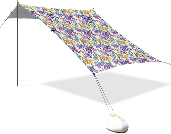 ALAZA Iris Flower Butterfly Beach Tent Sun Shelter UPF50+ Protection Beach Shade Canopy w/ 4 Sandbags for Outdoor Camping Fishing Backyard Fun Picnic 10x9 ft