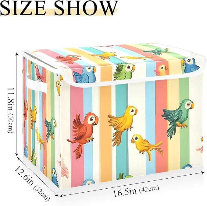 Cute Parrots Storage Cube Bins Basket with Lid Collapsible Flip-top Fabric with Handle for Home Bedroom Closet Office 16.5×12.6×11.8 in