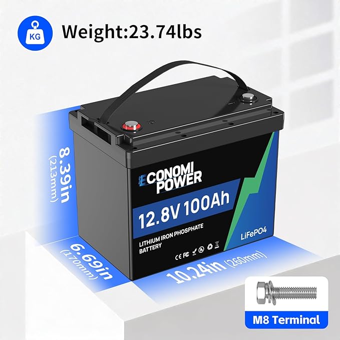 12V 100Ah LiFePO4 Lithium Battery - Built-in 100A BMS Group 24 Deep Cycle Battery for RV SolarOff-Grid &amp Trolling Motor 15000+ Cycles 10-Year Lifespan