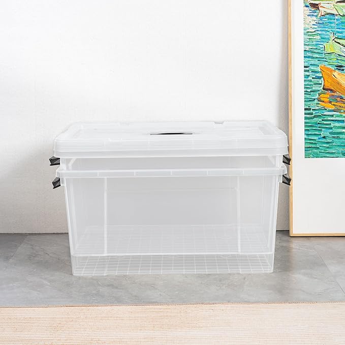 Cetomo Lidded Storage Bin with Handle Tote Organizing Container with Wheels Lid and Secure Latching Buckles Stackable and Nestable Plastic 72 Quart-6 Pack Clear