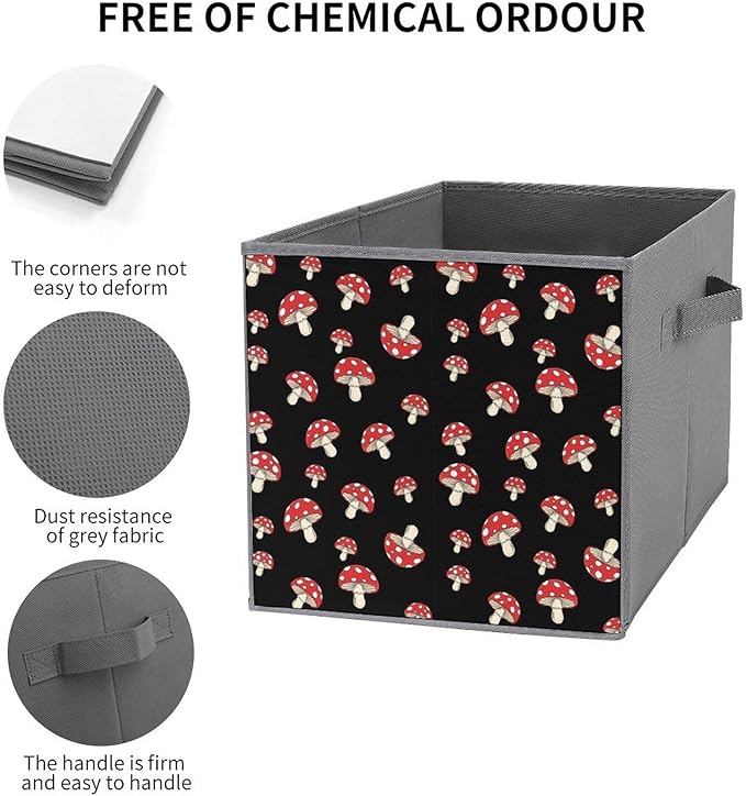 Collapsible Storage Bins with Handles Black Red Mushroom Lovers Foldable Cube Organizer Box for Closet Shelf Toy Storage Space-Saving Home &amp Office Decor