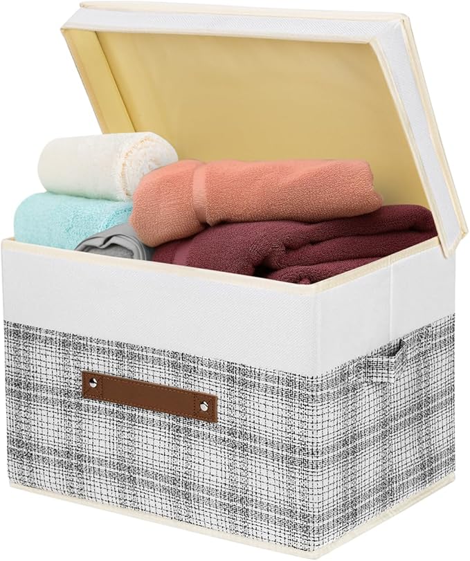 TYEERS Collapsible Storage Bins with Lids Patchwork Design Washable Fabric Storage Boxes 14.9x9.8x9.8 inches 3 Pack Gray