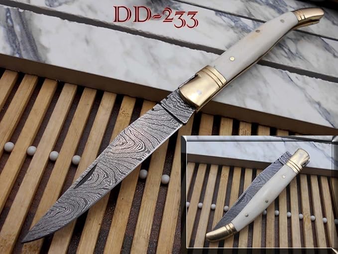 Damascus Depot Laguiole style Folding knife with real Damascus steel blade 8.5 Long with 4 hand forged twist patren Blade. wood Camel Bone and Bull horn scale with brass bolster. Cow hide leather