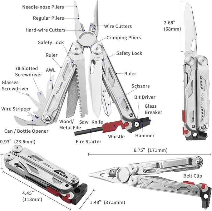ROCKTOL Multitool SK04 VG-10 Blade 22-in-1 Multi-tool Pliers with Fire Starter Emergency Whistle Glass Breaker Safety Locking and Nylon Sheath for Survival Camping multi tool for men