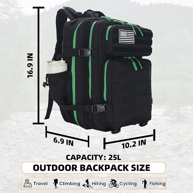 Lovelinks21 25L Tactical Military Backpack Small Travel Rucksack for Men and Women Assault Pack Bug Out Bag Molle Daypack Gym Backpack with Bottle Holder (Black Neon Green)