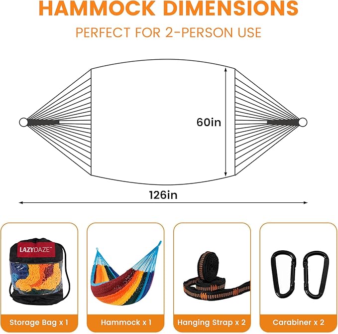 Lazy Daze Hammocks Handwoven Mayan Hammock 10.5 FT Soft Rope Double Hammocks Portable Outdoor Hammock with Carry Bag 2 Straps &amp Carabiners for Patio Outside 550 lbs Weight Capacity Rainbow