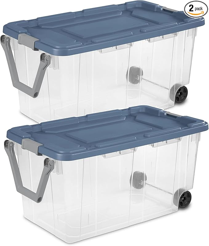 Modern Plastic &amp Metal 40 Gallon Lidded Home Storage Bins Stackable Industrial Storage Containers Tote Organizing Tote Tub Box with Wheeled Moving Boxes Set of 2 (Clear/Blue)