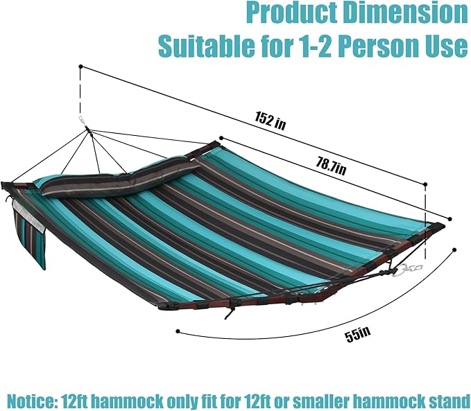TegerDeger 12FT 2 Person Hammock Large Hammock 450LB Capacity with V Shaped Hardwood Spreader Bar &amp Nylon Rope for Outside Patio Garden Backyard Beach Poolside - Teal Stripes