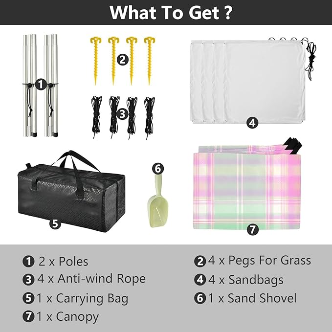 xigua Plaid Beach Tent Sun Shelter with Carrying Bag - Silver Coated Oxford Fabric Beach Canopy for Beach Camping Fishing - Includes Windproof Ropes Sandbags &amp Stakes