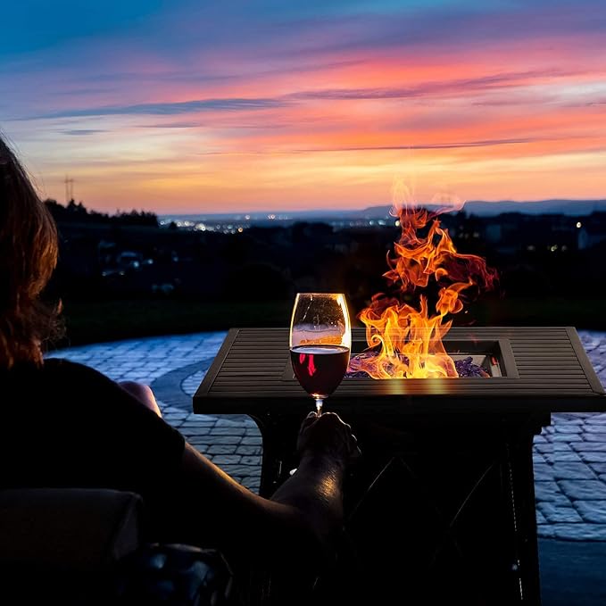 Sophia &amp William Gas Fire Pit Table 28 Inch 50000BTU Square Outdoor Propane FirePits 2 in 1 Auto-Ignition Patio Fireplace for Outside with Lid and Blue Fire Glass Black