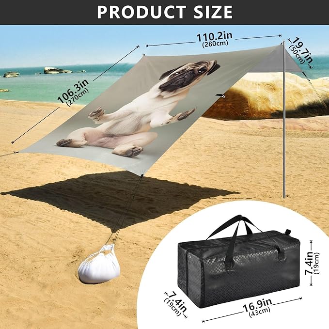 ALAZA Yoga Funny Pug Dog Beach Tent Sun Shelter Portable Canopy Sunshade for Outdoor Camping Picnics Backyard Fun 10x9 ft