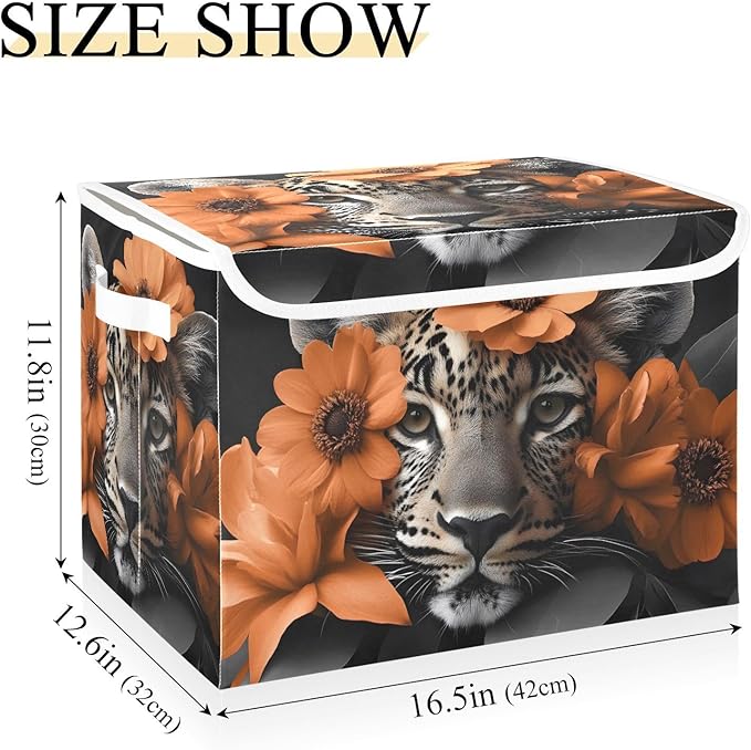 Storage Cube with Lid Floral with Leopard Print 16.5×12.6×11.8 IN Collapsible Large Capacity Foldable Storage Basket Bin Organizer