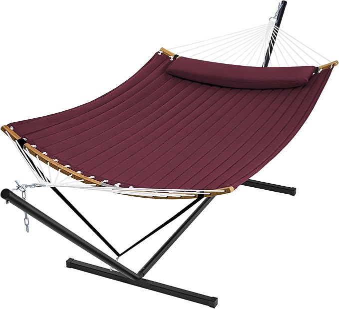 SUPERJARE Curved-Bar Hammock with Stand 2 Person Heavy Duty Hammock Frame Detachable Pillow &amp Portable Carrying Bag Perfect for Outdoor &amp Indoor Burgundy