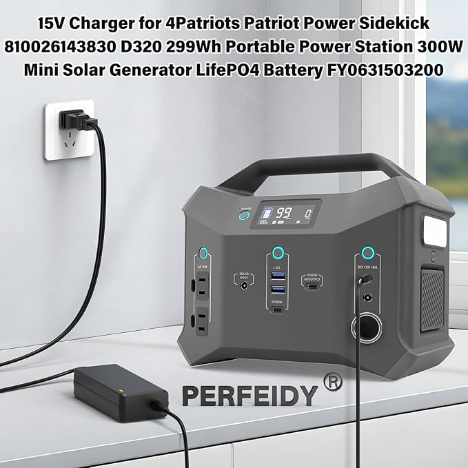15V Charger for 4Patriots Patriot Power Sidekick 810026143830 D320 299Wh Portable Power Station 300W Mini Solar Generator LifePO4 Battery FY0631503200 Power Supply Cord Perfeidy