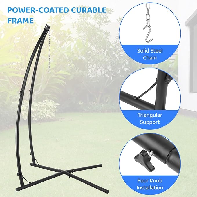 Arlopu Hanging Hammock X-Stand w/Tree Tent Indoor Metal Swing Chair w/Play Tent Outdoor Egg Basket Patio Seat Porch Bedroom Balcony Chair w/Adjustable Solid Stand (Blue)