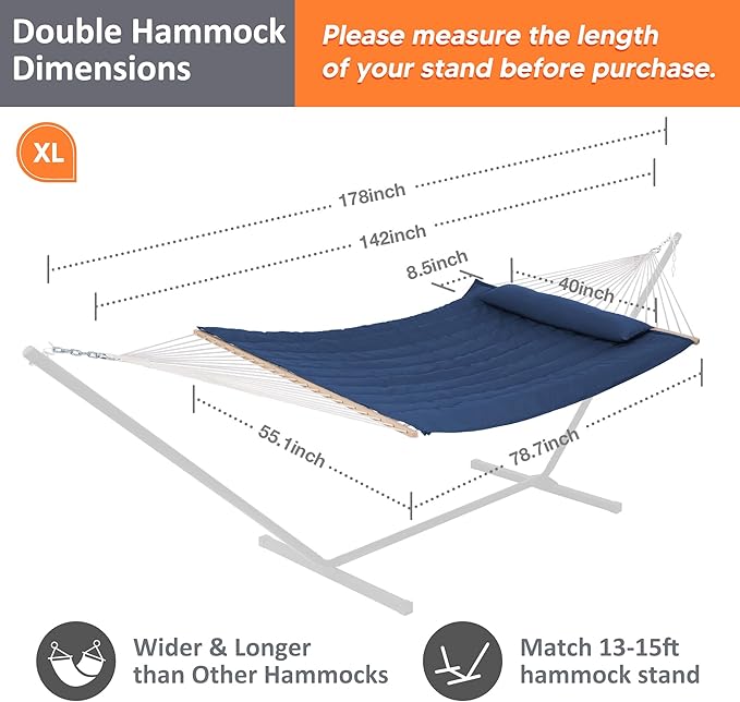 SUNCREAT Hammocks Outdoor Double Hammock with Hardwood Spreader Bar 475 lbs Capacity Heavy Duty 15 FT Hammock with Large Soft Pillow Dark Blue
