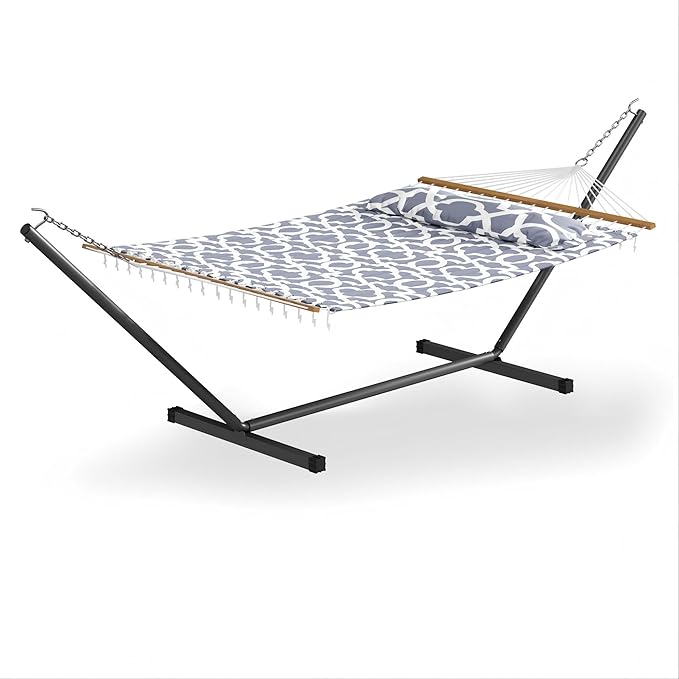 GarveeLife 57 2 Person Outdoor Hammock Widening Design Cotton Hammock with Metal Stand Heavy Duty Construction 450 LBS Weight Capacity Light Grey