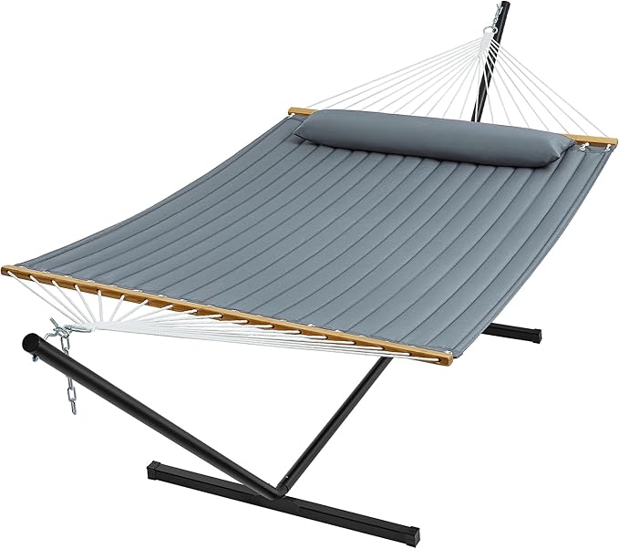 SUPERJARE Hammock with Stand 2 Person Quilted Outdoor Hammock Detachable Pillow &amp Bamboo Spreaders Portable Hammock with Carrying Bag Heavy Duty Stand Perfect for Outside Patio Neutral Gray