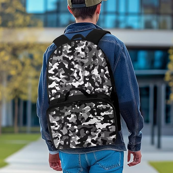 Grey Camo Backpack for Men Large Capacity Bookbag with Lunch Box for Outdoor Lightweight School Bag with Front Zipper Pocket for Travel Office