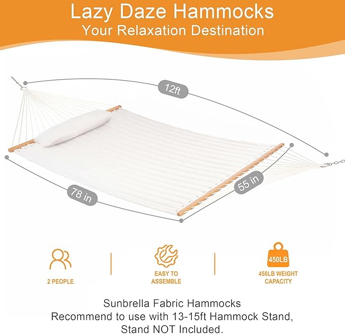 Lazy Daze Hammocks 12 FT Sunbrella Fabric Quilted Hammock Double Sunbrella Quilted Hammock with Spreader Bars &amp Pillow All Weather and Fade Resistant for Outdoor 450 lbs Capacity Cast Pumice
