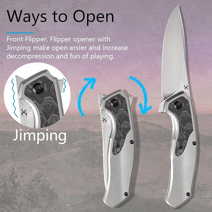 KANSEPT HAVØRN Pocket Folding Knives Camping Hiking Folding Knife 3.48'' Stonewashed CPM S35VN Blade Pocke Knife with Titanium Rose Pattern Carbon Fiber Handle Everyday Carry K1069A2