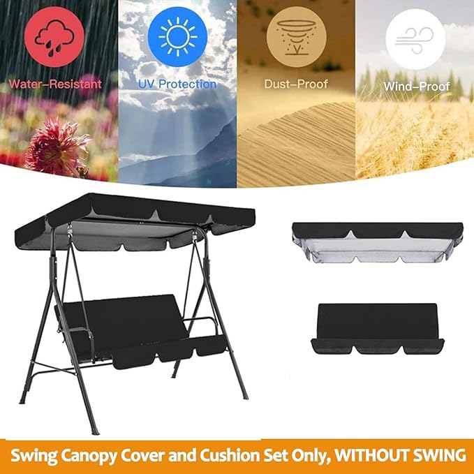 Outdoor Swing Canopy Replacement Cover Waterproof Oxford Cloth Swing Chair Cover Set for 2/3 Seater Swing Ideal for Porch Patio Garden Beige 195x125x15cm